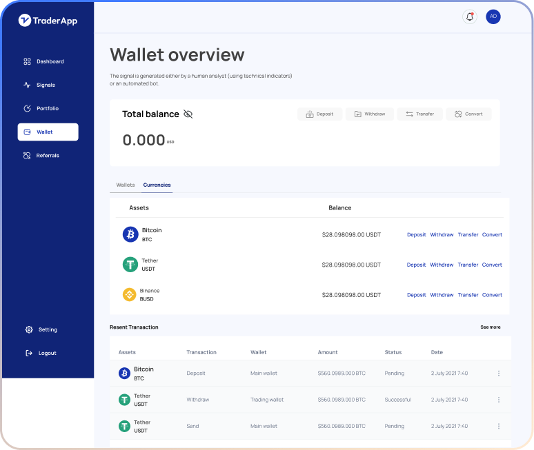 TraderApp wallet page